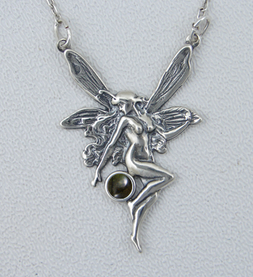 Sterling Silver Victorian Winged Fairy Necklace With Spectrolite